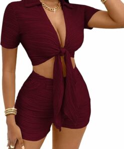 Burgundy V Neck Crop Top Set CL15