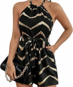Chevron Black Sleeveless Halter Jumpsuit CL23