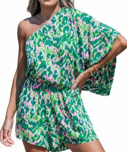 Green Leopard One Shoulder Romper CL35