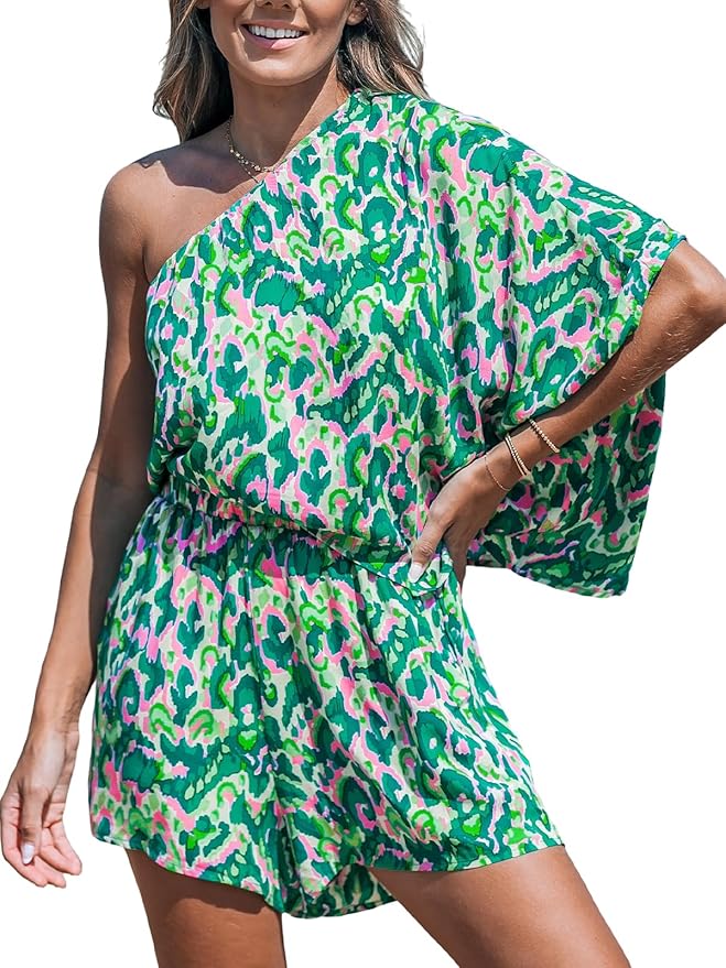 Green Leopard One Shoulder Romper CL35
